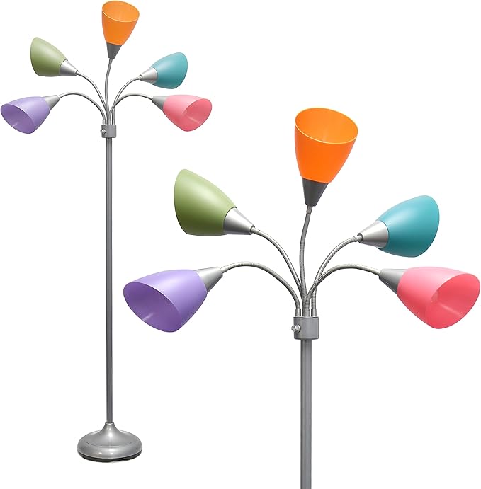 Simple Designs LF2006-SLM 67" Contemporary Multi Head Medusa 5 Light Adjustable Gooseneck Silver Floor Lamp with Fun Light Multicolored Shades for Kids Bedroom Playroom Living Room Office - LeafyLoom