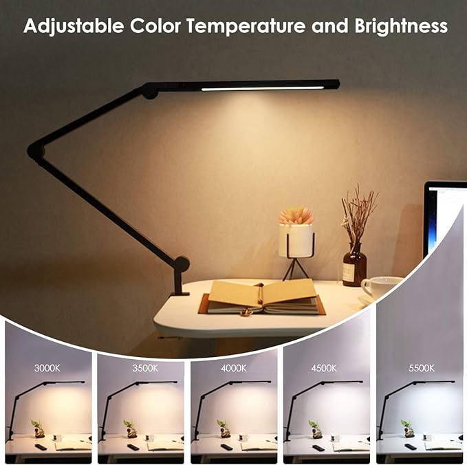 Desk Lamp with Clamp | Swing Arm Desk Light | Eye Caring Table Lamp, Dimmable, 5 Color Modes, Memory, Timer | Modern Architect Desk Lamps for Home Office Study Work Task Drafting Workbench - LeafyLoom