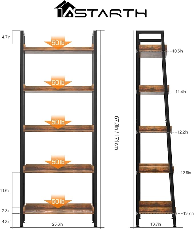 ASTARTH Ladder Shelf-5 Tier Bookshelves w/Open Shelf for Storage, Industrial Bookshelf & Tall Ladder Shelf-Metal Frame for Bedroom, Living Room, Kitchen-67.3'' H, Easy Assembly, Rustic Brown - LeafyLoom