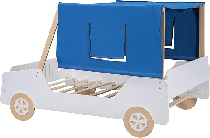 Full Size Race Jeep Car Bed Platform Bed with Tent Canopy and Wheels,Wood Bed Frame W/Raised Bed Design,for Kids Boys Girls Teens,Natural - LeafyLoom