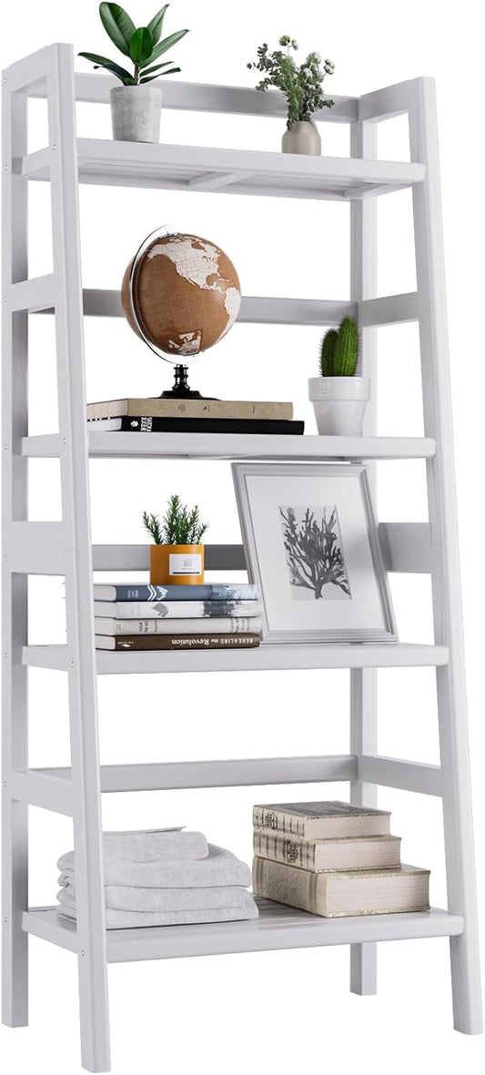 White Ladder Bookshelf, Leaning Bookcase, 4-Tier Bamboo Shelf, Floor Standing Storage Shelving Unit, Open Display Book Shelves - LeafyLoom