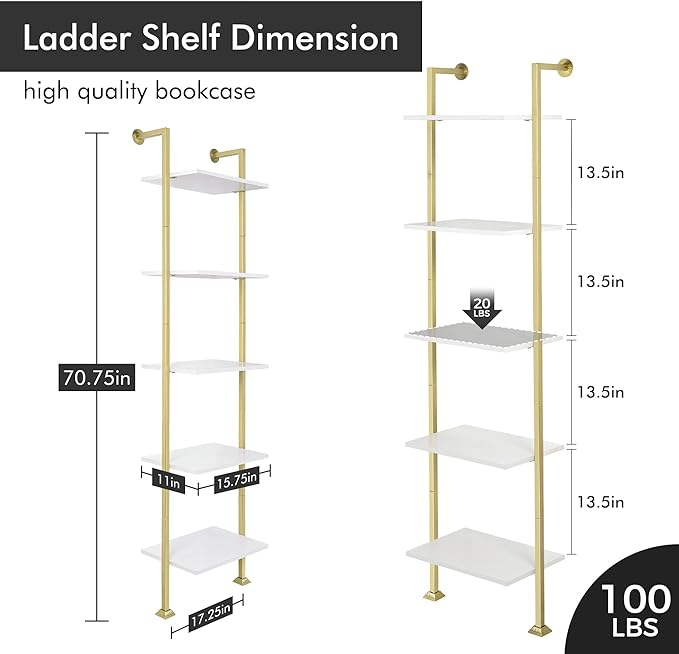 Axeman 5-Tier Ladder Bookcase, Tall Narrow Bookshelf for Small Spaces, Modern Book Storage Organizer Case Open Shelves for Living Room, Bedroom，Office, Library, Gold and White - LeafyLoom