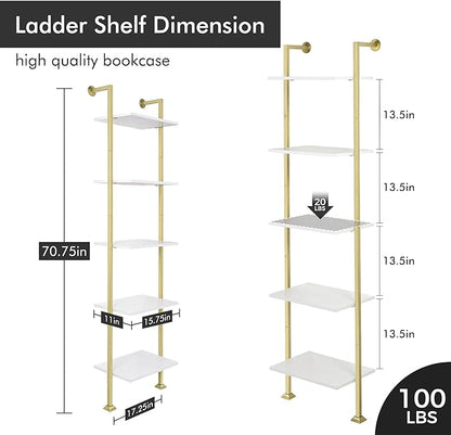 Axeman 5-Tier Ladder Bookcase, Tall Narrow Bookshelf for Small Spaces, Modern Book Storage Organizer Case Open Shelves for Living Room, Bedroom，Office, Library, Gold and White - LeafyLoom