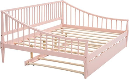 Full Size Daybed with Hideaway Trundle and Support Legs,Multi-functional Wood Bed Frame,W/Rails Three Sides,Easy to Assemble,for Bedroom,Living Room,Apartment,Pink - LeafyLoom