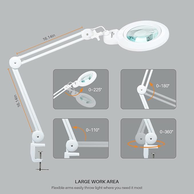 Bifocals Magnifying Desk Lamp with Clamp, 5 Diopter with 20 Diopter, 6 Inch Detachable Lens and 120PCS LEDs, 3 Color Modes 1200 Lumens Swivel Arm Magnifying Lamp with Light for Crafts - LeafyLoom