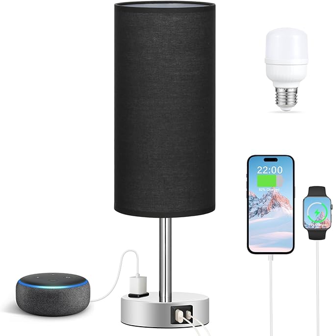 Black Bedroom Table Lamp for Bedside - 3 Way Dimmable Touch Lamp USB C A Charging Ports and AC Outlet, Small Desk Lamp for Nightstand for Living Room with Silver Base, Office Desk, LED Bulb Included - LeafyLoom