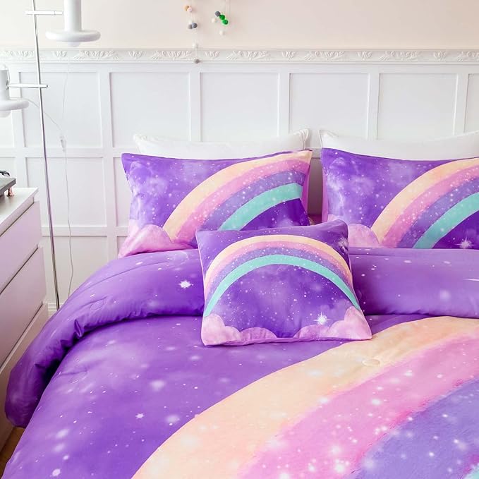 Purple Rainbow Girls Full Size Comforter Set, 6 Pieces Gradient Glitter Kids Bedding Sets, Galaxy Kids Bedroom Decor Bed in A Bag with Sheets for Girls Teens - LeafyLoom