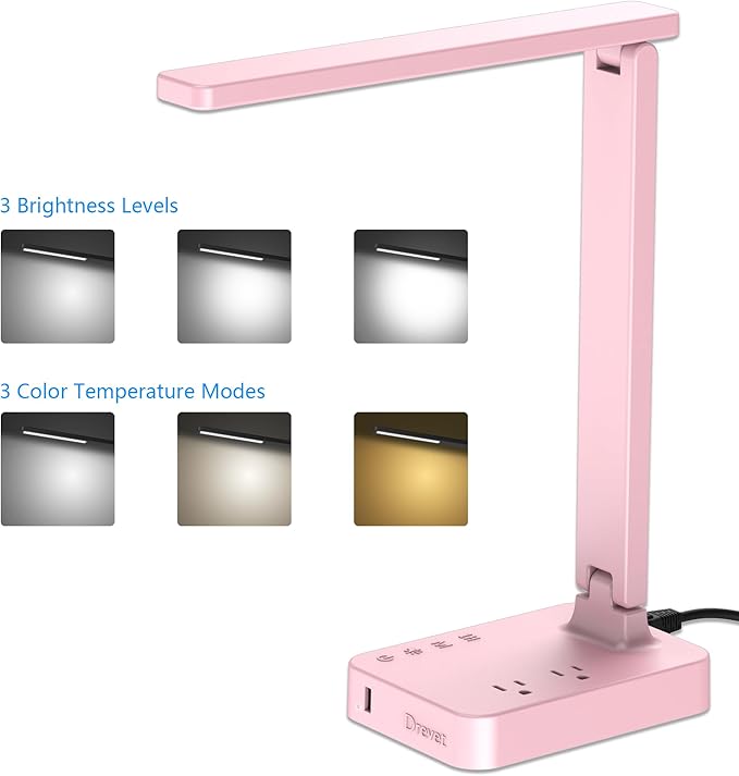 Drevet LED Desk Lamp, Desk Light with 1 USB Charging Port and 2 AC Power Outlet, 3 Lighting Modes, 3 Level Brightness,1H Timer, Touch Control, Eye-Caring Home Office Foldable Table Lamp (Pink) - LeafyLoom