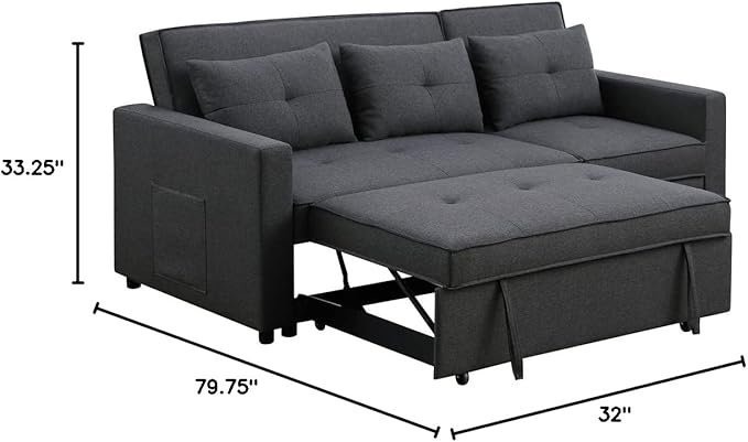 RITSU L Shaped Sectional Sofa Chaise, Pull Out Convertible Couch Bed, Storage Pockets On The Sides, Linen Upholstery, Suitable for Living Room, Apartment, Light Gray, 79.75inch - LeafyLoom