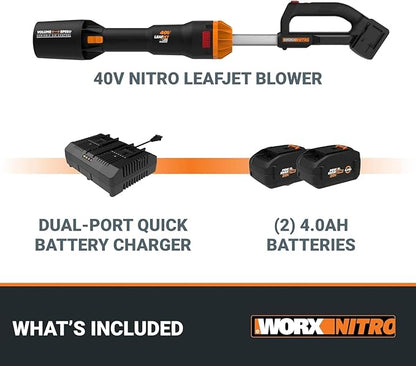 WORX Nitro 40V LEAFJET WG585 Leaf Blower Cordless with Battery & Charger, PowerShare, Blowers for Lawn Care Up to 165 MPH 620 CFM, Lightweight with High-Power Turbine Fan and Brushless Motor - LeafyLoom