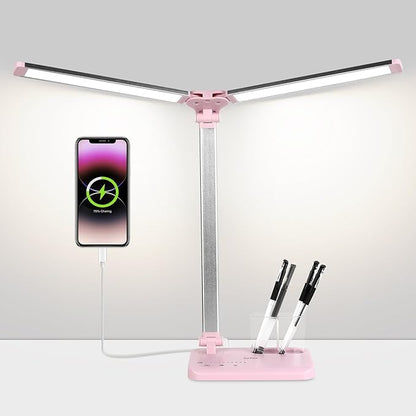 iVict LED Desk Lamp, Adjustable Table Foldable Lamp with USB Charging Port, 25 Lighting Modes, 45-Minute Auto Timer, Dual Swing Arm Desk Light with Pen Holde for Home Office/Study(Pink) - LeafyLoom