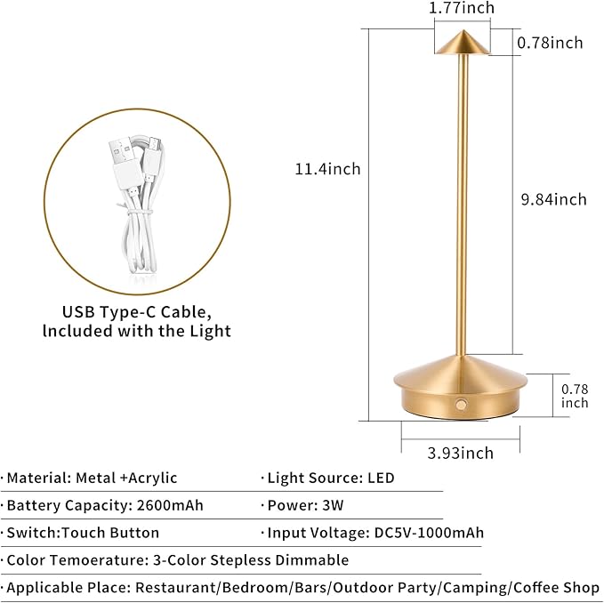 Rechargeable Battery Operated Desk Lamp with Touch Sensor Cordless Portable LED Table Lamp， Three-Level Dimmable Suitable for Bars/Cafes/Restaurants/Bedrooms/Camping Sites (Gold) - LeafyLoom