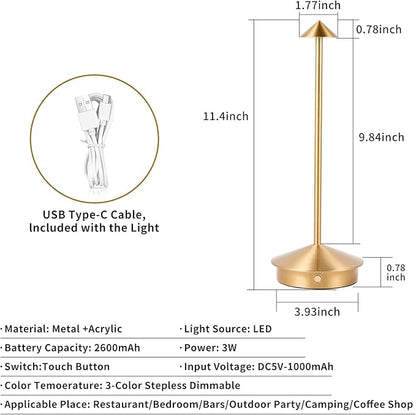 Rechargeable Battery Operated Desk Lamp with Touch Sensor Cordless Portable LED Table Lamp， Three-Level Dimmable Suitable for Bars/Cafes/Restaurants/Bedrooms/Camping Sites (Gold) - LeafyLoom