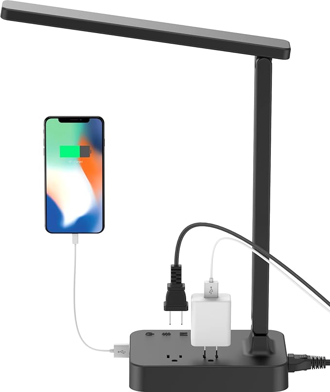 Drevet LED Desk Lamp, Desk Light with 1 USB Charging Port and 2 AC Power Outlet, 3 Lighting Modes, 3 Level Brightness,1H Timer, Touch Control, Eye-Caring Home Office Foldable Table Lamp (Black) - LeafyLoom