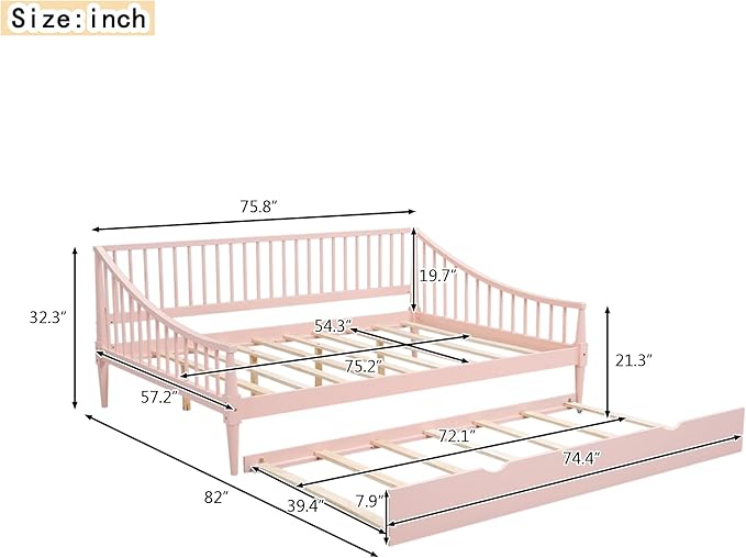 Full Size Daybed with Hideaway Trundle and Support Legs,Multi-functional Wood Bed Frame,W/Rails Three Sides,Easy to Assemble,for Bedroom,Living Room,Apartment,Pink - LeafyLoom