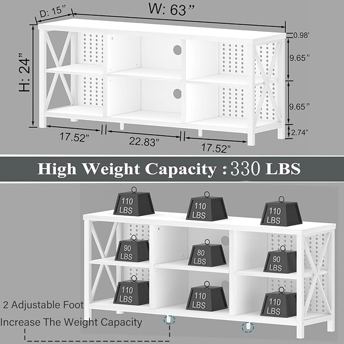 LVB White TV Stand for 75 Inch TV, Large Industrial Wood Entertainment Center with Storage Cabinet, Long Modern Metal Television Stands Console Table for Home Living Room Bedroom, White Oak, 63 Inch - LeafyLoom