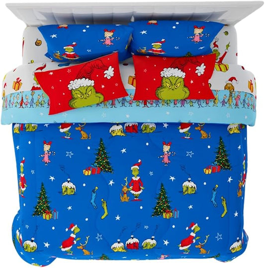 Franco Grinch by Dr. Seuss Holiday & Christmas Bedding Super Soft Comforter and Sheet Set with Sham, 7 Piece King Size (Official Dr. Seuss Product) - LeafyLoom