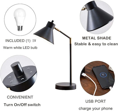 LED Desk Lamp with USB Charging Port, 100% Metal Lamp, 270° Flexible Swivel Arms, Soft White LED Reading Light (2700K), Bedside Reading Lamp, Office Lamp, Table Lamp, UL Listed (Black) - LeafyLoom