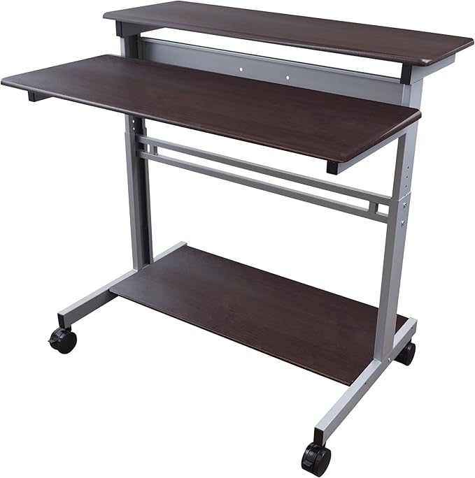 Stand Up Desk Store Rolling Adjustable Height Two Tier Standing Desk Computer Workstation (Silver Frame/Dark Walnut Top, 40" Wide) - LeafyLoom