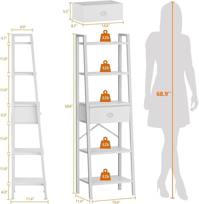 Furologee 5 Tier BookShelf, Ladder Shelf with Drawer, Tall Bookcase Corner Shelf, Narrow Shelf Industrial Display Standing Units for Home Office, Living Room, Bedroom, Kitchen, White - LeafyLoom