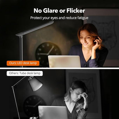 LED Desk Lamp, Metal Desk Light 12W 550lm, Dimmable Touch Control Lamp with USB Charging Port, Eye-Caring Desk Light with 5 Color Modes with 7 Brightness Levels, for Home, Office, School, Black - LeafyLoom