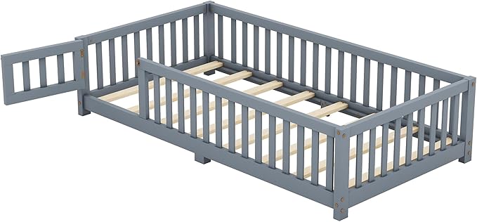 Multifunctional Twin Size Floor Bed with Safety Guardrails and Door, Removable Wood Slats, Montessori Beds Frame for Toddlers, Easy Assembly, for Boys and Girls Room, Gray - LeafyLoom