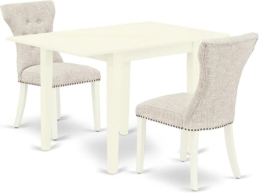 East West Furniture NDGA3-LWH-35 Norden 3 Piece Dinette Set for Small Spaces Contains a Rectangle Dining Table with Dropleaf and 2 Doeskin Fabric Upholstered Chairs, 30x48 Inch, Linen White - LeafyLoom