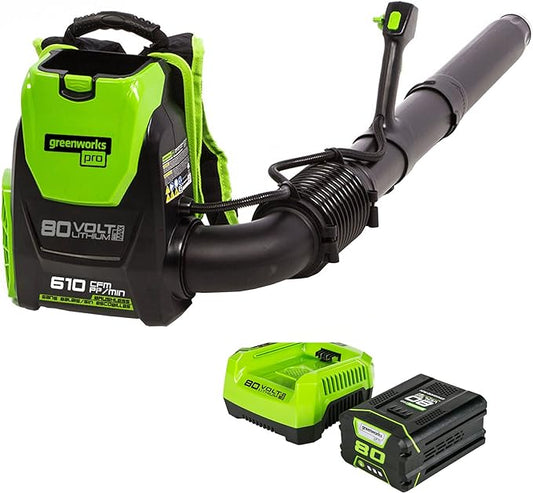 Greenworks 80V (180 MPH / 610 CFM / 75+ Compatible Tools) Cordless Brushless Backpack Blower, 2.5Ah Battery and Rapid Charger Included, Green/Black - LeafyLoom