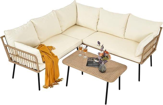 YITAHOME 4 Pieces Patio Furniture Set, Outdoor Rattan Woven Conversation Sectional L-Shaped Sofa with 5 Seater for Backyard, Porch, Boho Detachable Lounger with Cushions and Side Table - Beige - LeafyLoom