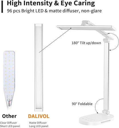 LED Desk Lamp, Dimmable Table Lamp Reading Lamp with USB Charging Port,5 Lighting Modes, Sensitive Control, 60 Minutes Auto-Off Timer, Eye-Caring Office Lamp(White) - LeafyLoom