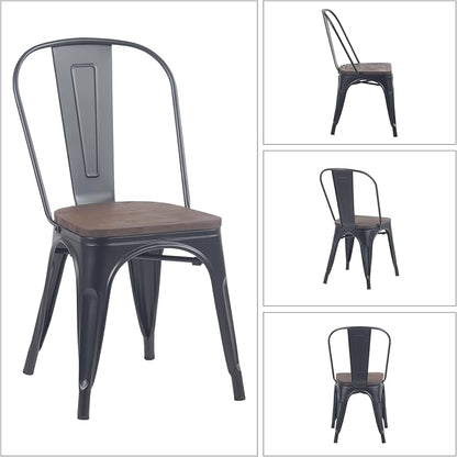 YOUNIKE Metal Dining Chairs Set of 4 Iron Stackable Removable Back Wood Seat Patio Chairs Rubber Feet Stylish Modern Indoor Outdoor Classic Chic Industrial Vintage Bistro Kitchen Matte Black - LeafyLoom