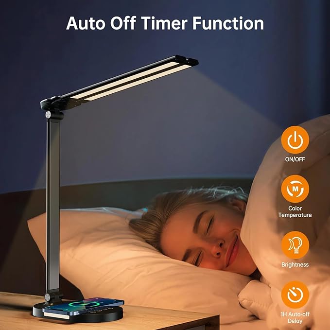 LED Desk Lamps for Home Office, Double Head Touch Desk Lamp with Wireless Charger, Dimmable Desk Light with USB Charging Port, Adjustable Reading Lamp, Eye-Caring Table Lamp with Night Light, 1H Timer - LeafyLoom