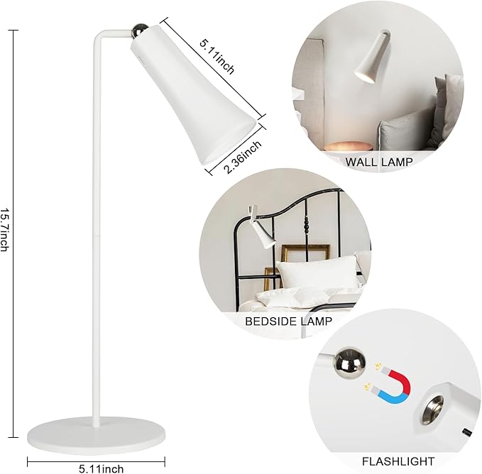 LED Desk Lamp, Cordless Rechargeable Table Lamp with 3 Brightness Levels, Dimmable, Removable Touch Lamp for Reading Bedroom Home Office Study(white) - LeafyLoom