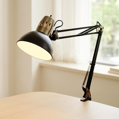 Globe Electric 62000009 32" Multi-Joint Desk Lamp with Metal Clamp, Matte Black, Antique Brass Accents, On/Off Rotary Switch on Shade, Partially Adjustable Swing Arm, Home Décor, Office Accessory - LeafyLoom