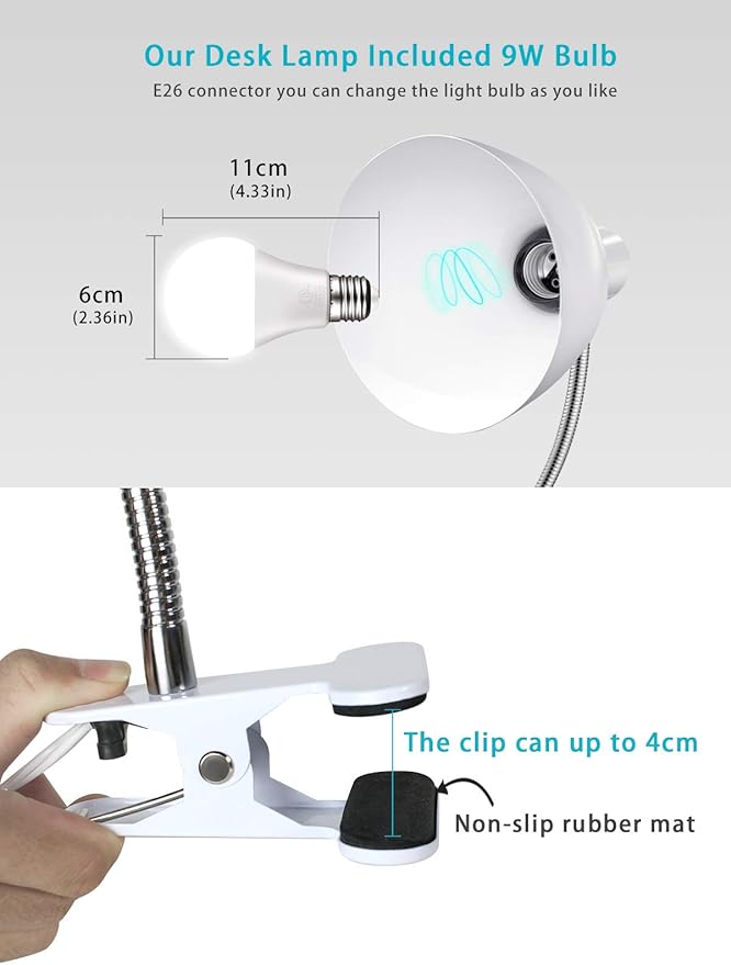 Desk lamp Eye-Caring Table Lamps, 360°Rotation Gooseneck Clip on Lamp Reading Light Portable Reading Book Light, Clamp Light, Study Desk Lamps for Bedroom and Office Home Lighting (White) - LeafyLoom