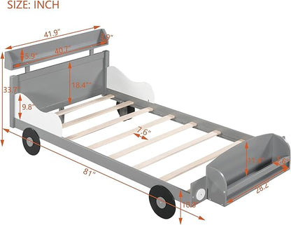 Twin Size Car-Shaped Platform Bed with 2 Storage Shelf,Kids Cars Beds W/Wheels,Slats Support,Saving Space,Easy Assembly,Wood Car Bedframe for Boys Toddlers Teens Bedroom,Gray - LeafyLoom