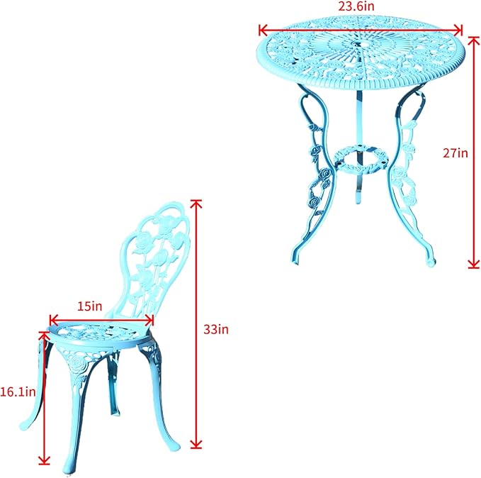 KAI LI Outdoor Furniture Bistro Set with Rose Pattern 1 Table 2 Chairs for Garden Patio Porch (Rose-Light Blue) - LeafyLoom