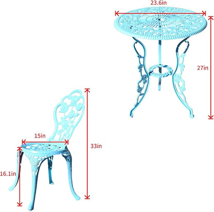 KAI LI Outdoor Furniture Bistro Set with Rose Pattern 1 Table 2 Chairs for Garden Patio Porch (Rose-Light Blue) - LeafyLoom