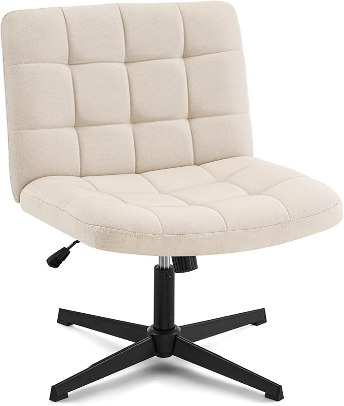 Furniliving Linen Office Desk Chair No Wheels, Armless Swivel Home Office Chair Height Adjustable Wide Office Chair for Bedroom, Modern Mid Back Accent Chair Computer Task Chair, Beige - LeafyLoom