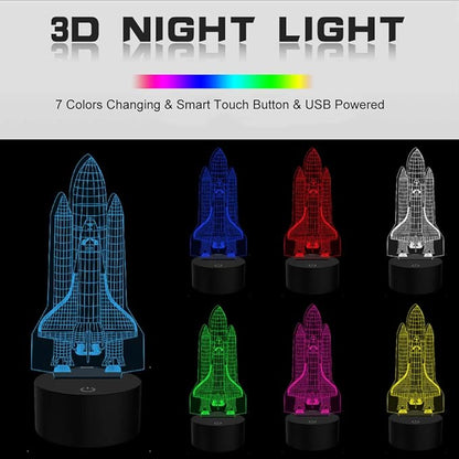 Rocket Night Light 3D Illusion Lamp LED Space Shuttle Nightlight 7 Color Changing Touch Sensor Desk Table Lamp with USB Cable Decoration for Nursery Bedroom Kids Boys Birthday Gifts - LeafyLoom