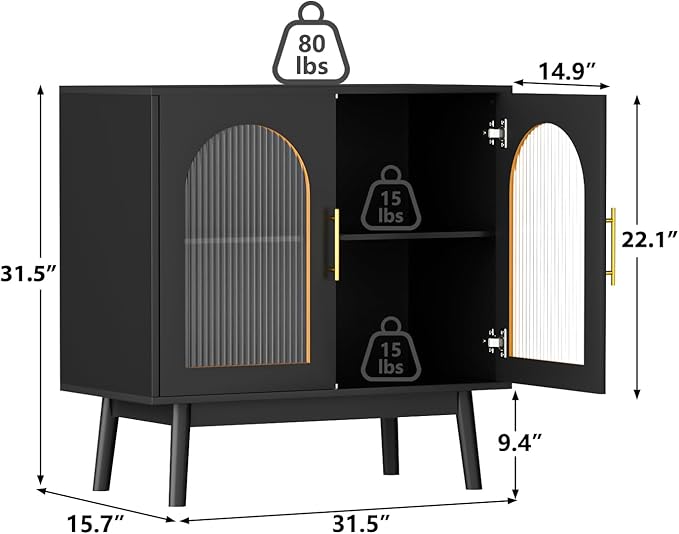 Set of 2 Sideboard Buffet Cabinet, Accent Kitchen Storage Cabinet with Glass Doors, Modern Console Table TV Stand with Adjustable Shelves for Living Room, Dining Room, Black - LeafyLoom