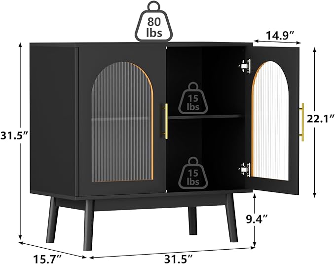 Set of 3 Sideboard Buffet Cabinet, Accent Kitchen Storage Cabinet with Glass Doors, Modern Console Table TV Stand with Adjustable Shelves for Living Room, Dining Room, Black - LeafyLoom