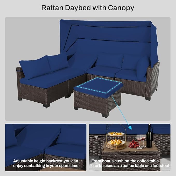 6 PCS Outdoor Patio Furniture Set,Sectional Sofa Set,Rattan Daybed with Retractable Canopy,Adjustable Backrest,Storage Coffee Table,Chaise Chair Sunbed for Garden Poolside Backyard(Dark Blue) - LeafyLoom