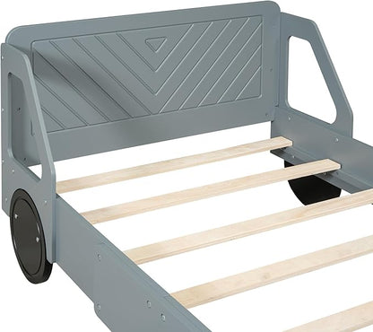 Twin Size Car-Shaped Bed Frame for Kids,Wooden Platform Bed with Wheels and Side Rails for for Boys Girls,Wood Slat Supports,No Box Spring Needed,Gray - LeafyLoom