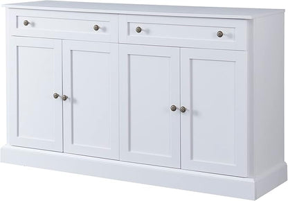 60" Sideboard Storage Buffet Cabinet with 2 Drawers,Wooden Console Table,W/ 4 Doors,Adjustable Shelves,Not Easy to Deform,for Dining Room/Kitchen/Entryway,White - LeafyLoom