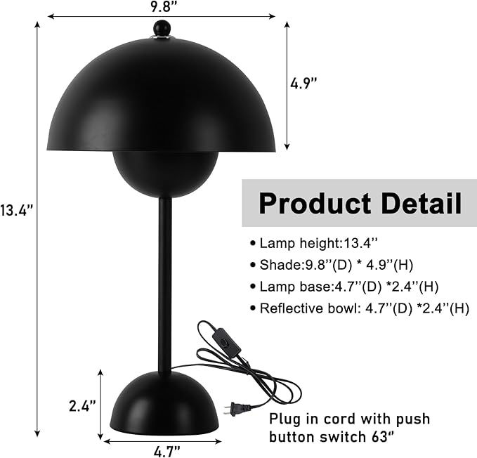 COSYLUX Modern Small Table Lamp for Bedroom, Cute Dome Shade Reflecting Light Reading Lamp for Living Room, Kid's Room, Study, Office, Beside Bedside Nightstand Desk Lamp(Black) - LeafyLoom