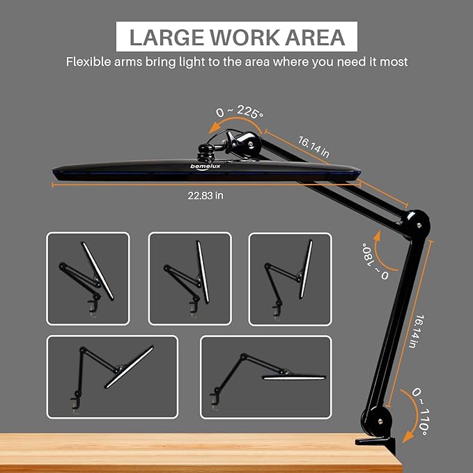 Task Lamp with Clamp, Bright 117PCS LEDs, Metal Swing Arm 24W 2200 Lumen Dimmable Led Desk Lamp for Architect Home Office Study Reading Dorm Workbench Craft, 23 Inch Lamp Head Work Lamp(Black) - LeafyLoom