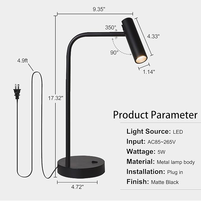 ZEROUNO Metal Desk Lamp, Eye-Caring Reading Table Lamp, Study Lamps with Flexible Adjustable Swing Arm, Table Lamp for Bedside Office Study Reading Work (Black) - LeafyLoom