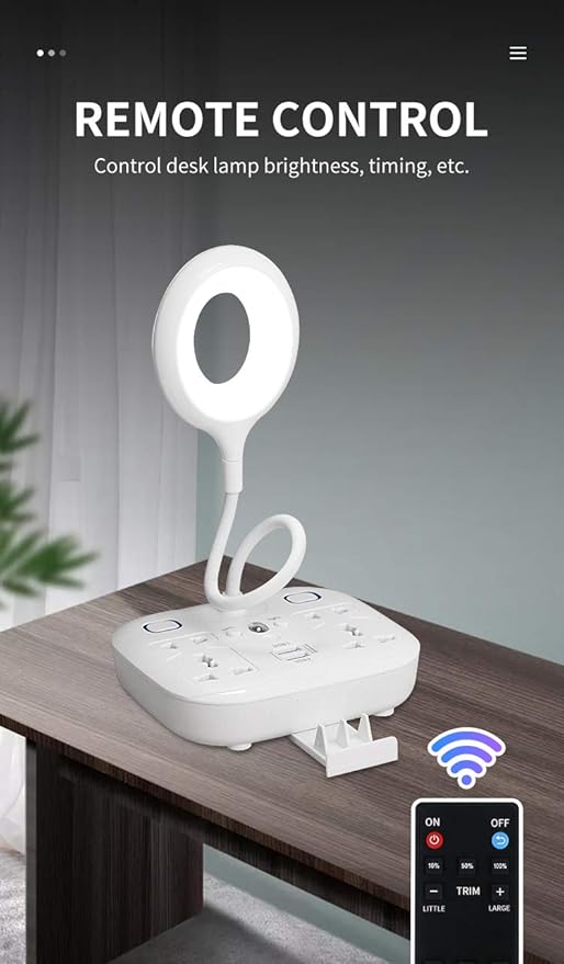 LED Desk Lamp, Adjustable Table Lamp Light with Remote Control, Eye-Caring Dimmable Office Lamp with 2 USB Charging Ports, 4 AC Power Outlets, Phone Stand, Multi Brightness Levels White - LeafyLoom