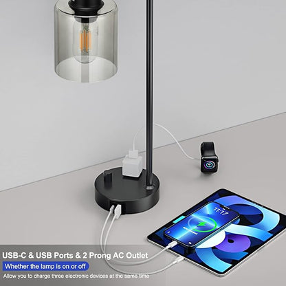 Industrial Bedside Desk Lamps for Bedroom - Grey Smoked Glass Shade Table Lamp with USB C Port, Fully Dimmable Small Lamps with USB Port and Outlet, Reading Nightstand Lamps for Office Living Room - LeafyLoom